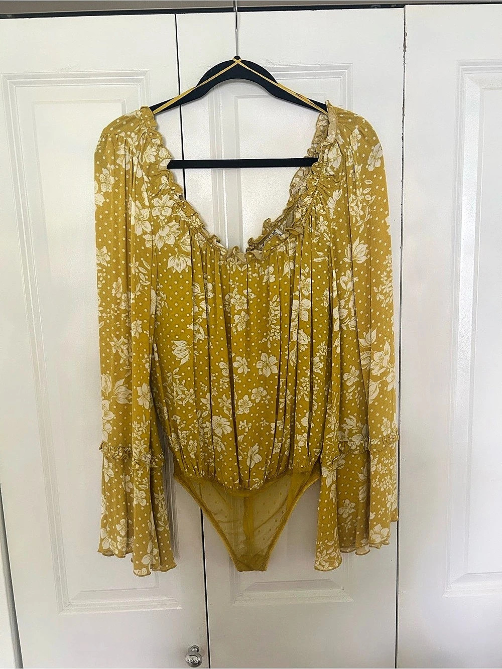 Free People Forties Feels Bodysuit Floral Bell Sleeve Bodysuit Yellow & White